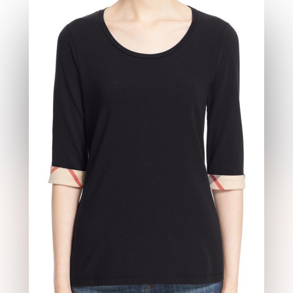 Burberry Scoop Neck Three Quarter Length Sleeve Tee with Checked Cuffs Medium